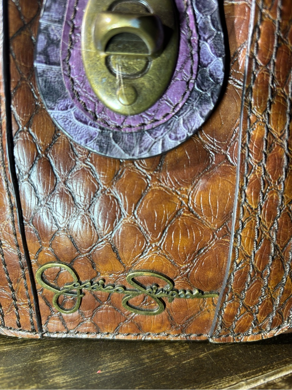 Jessica Simpson Reptilian Brown Textured Faux Leather Satchel Handbag Vegan Bag - Picture 3 of 15